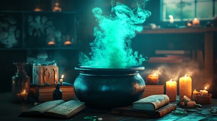 A cauldron filled with a swirling green potion sits on a table surrounded by candles and old books.