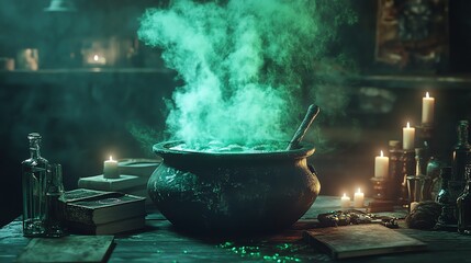 A cauldron filled with bubbling green liquid sits on a wooden table, surrounded by candles, books, and other magical objects.