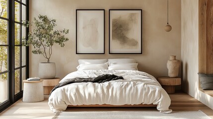 An minimalist bedroom interior, soft neutral tones, king size bed with rumpled white linens, two minimalist wooden nightstands, potted plant, large window with natural light, framed abstract wall art,