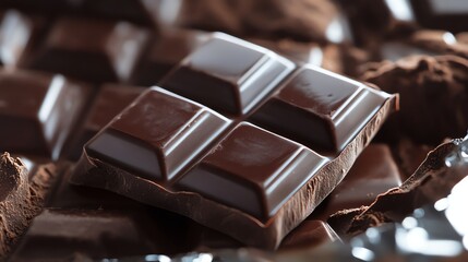 A close-up shot of a dark chocolate bar, with the squares of chocolate in focus and the rest of the bar blurred.