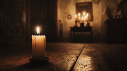 Wall Mural - A single candle burns brightly in the darkness, casting a warm glow and creating a sense of peace and tranquility.