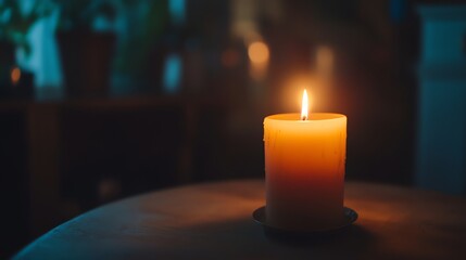 Wall Mural - A single candle burns brightly on a wooden table, casting a warm glow. The candle is melting, creating a beautiful pattern of wax.