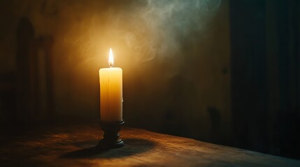 Wall Mural - A single candle burns brightly on a wooden table, casting a warm glow. The candle is melting, creating a beautiful pattern of wax.