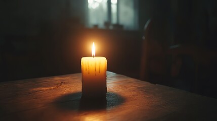 Wall Mural - A single candle burns brightly on a wooden table, casting a warm glow. The candle is melting, creating a beautiful pattern of wax.
