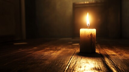 Wall Mural - A single candle burns brightly on a wooden table, casting a warm glow. The candle is melting, creating a beautiful pattern of wax.
