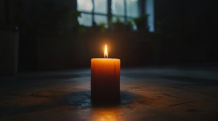 Wall Mural - A single candle burns brightly in the darkness, casting a warm glow on the wooden table.