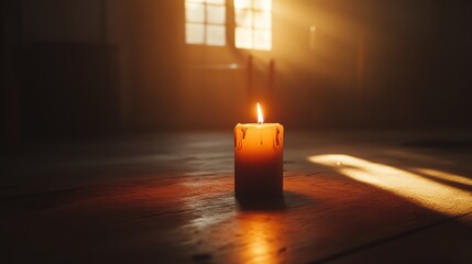 Wall Mural - A single candle burns brightly in the darkness, casting a warm glow on the wooden table.