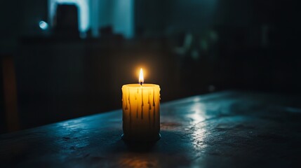 Wall Mural - A single candle burns brightly in the darkness, casting a warm glow on the wooden table.