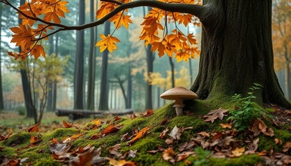 A mushroom is sitting on a leaf covered ground. The mushroom is surrounded by leaves and moss. The scene is peaceful and serene