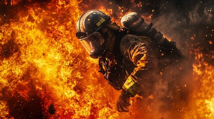 Wall Mural - A firefighter in full gear stands amidst a raging inferno, his silhouette stark against the fiery backdrop.