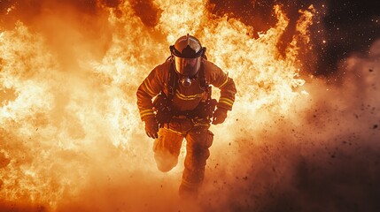 A firefighter in full gear runs through a wall of flames, his face obscured by his helmet and mask.