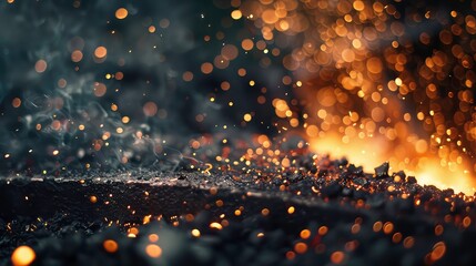 Wall Mural - Close-up of glowing embers with smoke and bokeh in a dark background.