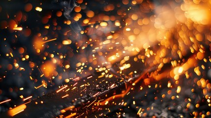 Wall Mural - Close up of glowing sparks and smoke rising from hot metal.