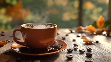 Cup of Coffe on black background. Beans on wooden background