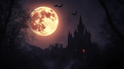 Wall Mural - A spooky silhouette of a castle stands tall against a backdrop of a full moon and a starry night sky.