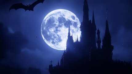 Wall Mural - A spooky silhouette of a castle stands tall against a backdrop of a full moon and a starry night sky.