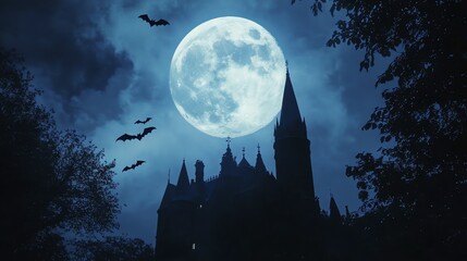 Wall Mural - A spooky silhouette of a castle stands tall against a backdrop of a full moon and a starry night sky.