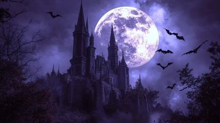 a spooky silhouette of a castle stands tall against a backdrop of a full moon and a starry night sky