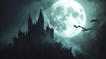 Wall Mural - A spooky silhouette of a castle stands tall against a backdrop of a full moon and a starry night sky.