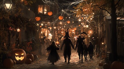 Wall Mural - A group of children walk down a cobblestone street lined with spooky houses decorated for Halloween.