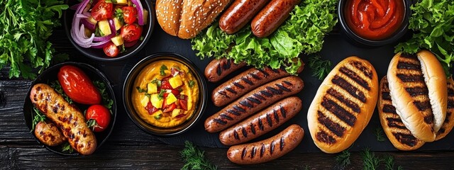 Wall Mural - Grilled sausages, burger patties, hot dogs, buns, lettuce, tomatoes, onions, pineapple salsa, mustard, ketchup, herbs, wooden table