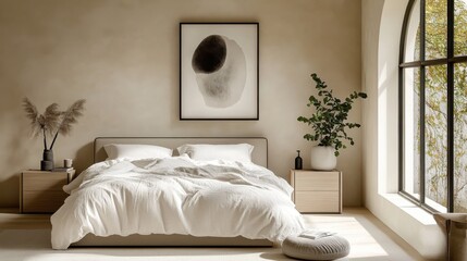 An minimalist bedroom interior, soft neutral tones, king size bed with rumpled white linens, two minimalist wooden nightstands, potted plant, large window with natural light, framed abstract wall art,