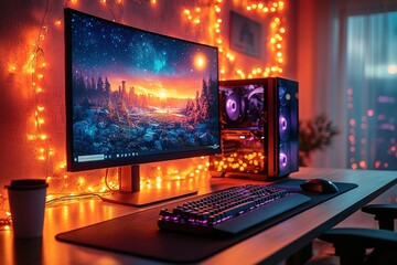 Poster - A computer desk with a monitor, keyboard, and mouse