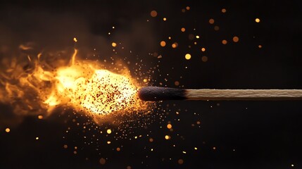 Wall Mural - A matchstick burns brightly, casting a warm glow and sparks against a dark background.