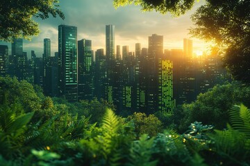 Wall Mural - A city skyline is shown through a forest, with the sun setting in the background