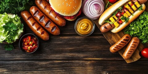 Wall Mural - Grilled sausages, burger patties, hot dogs, buns, lettuce, tomatoes, onions, pineapple salsa, mustard, ketchup, herbs, wooden table