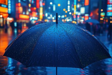 Poster - A blue umbrella is opened in the rain, with a city background