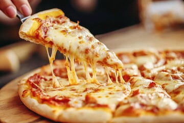 Woman serving herself slice of cheesy pizza