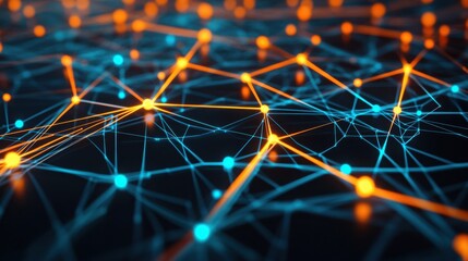 Wall Mural - A close-up view of a digital network with interconnected glowing blue and orange nodes, representing a complex data web.

