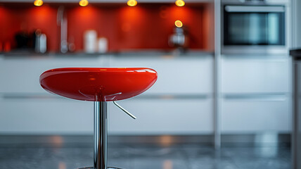 A modern red stool in a contemporary kitchen setting.