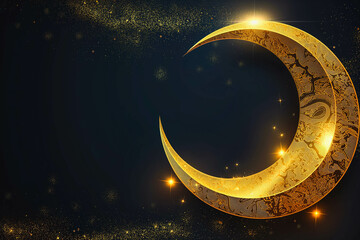 Ramadan Kareem. Gold moon and abstract luxury islamic elements background