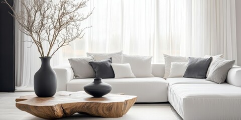 modern minimalist living room interior, white sectional sofa with grey accent pillows, wooden live-edge coffee table, sheer window curtains, decorative dried branches in vase, bright natural lighting,