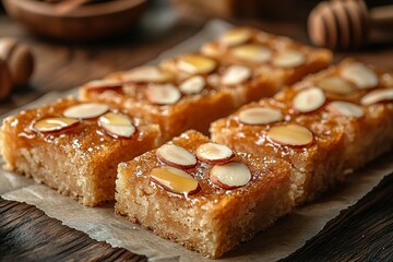 A plate of almond bars sits on a wooden table