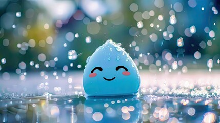 Wall Mural - The cute blue water drop emoji has an excited expression 