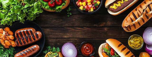 Wall Mural - Grilled sausages, burger patties, hot dogs, buns, lettuce, tomatoes, onions, pineapple salsa, mustard, ketchup, herbs, wooden table