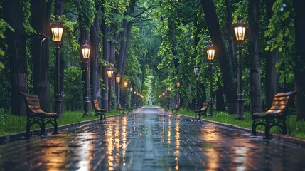 Wall Mural - A rainy evening in the park