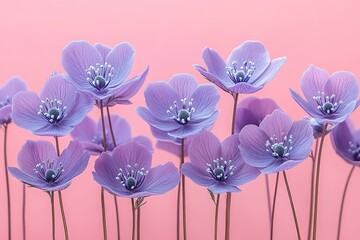 Wall Mural - A row of purple flowers with a pink background