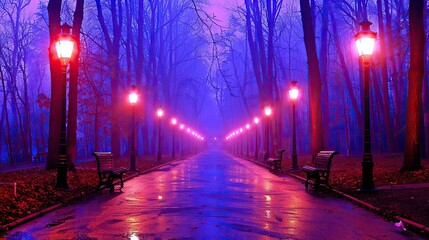 Poster - A row of street lamps illuminates the wet pavement 