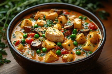 A bowl of red soup with meat and vegetables