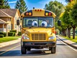 © Danicha - A Yellow School Bus With Drawn-On Features, Including Eyes, A Nose, And A Smile, Drives Down A Suburban Street.