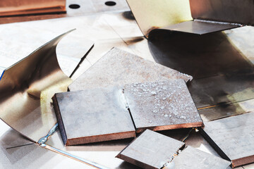 Poster - industrial machine cuts from metal sheets and bends details parts, metalworking industry concept