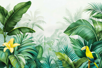 Tropical plants wallpaper design, Jungle background, big leaf and bird, back yard, landscape, mural art.