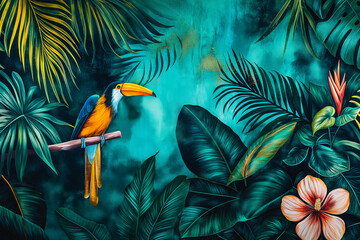 Tropical plants wallpaper design, Jungle background, big leaf and bird, back yard, landscape, mural art.