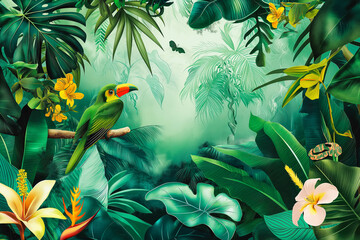 Tropical plants wallpaper design, Jungle background, big leaf and bird, back yard, landscape, mural art.