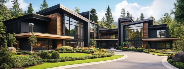 A modern, luxurious residential complex with multiple angular structures, expansive glass walls, wood accents, lush green landscaping, paved driveway, surrounded by trees and nature