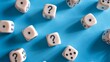 © Irina Ukrainets - Colorful dice with question marks on a bright blue background. Perfect for games or quizzes. Captivating and fun. Ideal for capturing attention and sparking curiosity. AI